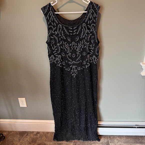 Vintage Dresses & Skirts - Vintage Beaded Whimsigoth Silk Maxi Dress Black Silver Iridescent Formal Gown